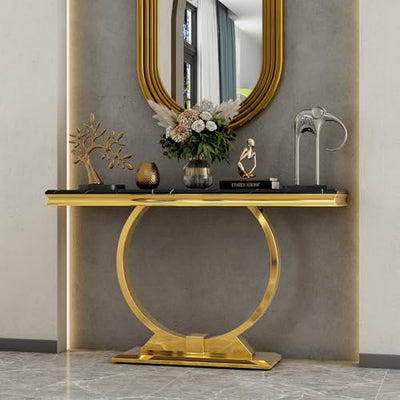 Asday Gold Console Table, 50 inch Glam Black and Gold Entryway Table with U-Shaped Base, Polished Gold Entrance Table with Black Top for Entryway, Hallway, Foyer