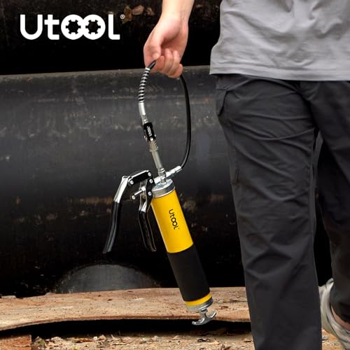 UTOOL Grease Gun, 8000 PSI Heavy Duty Pistol Grip Grease Gun Kit with 14 oz Capacity, 18 Inch Resin Flex Hose, 1 Patented Double Handle Coupler, 1 Basic Coupler UTOOL