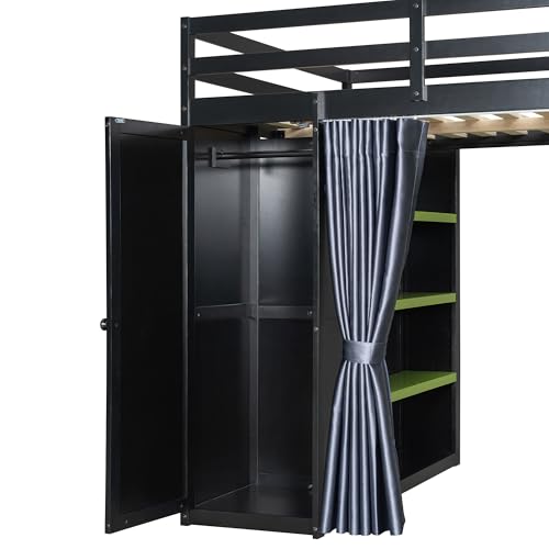 Linique Full Size Gaming Loft Bed with Desk, LED Lights and Charging Station, Wood Loft Bed Frame with Wardrobe, Open Shelves, Blackout Curtains, for Kids Teens Adults, Black+Green Linique