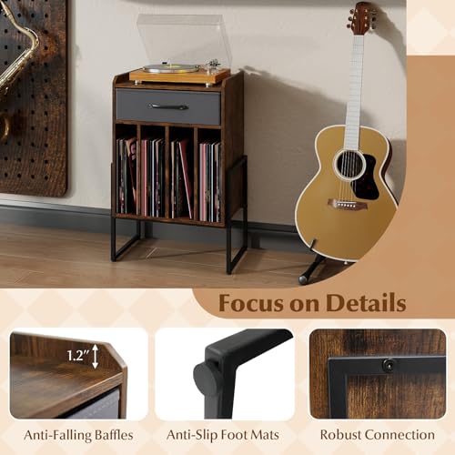 Giantex Record Player Stand, 2-Tier Turntable Stand with Fabric Drawer, Open Vinyl Storage and Display Shelf, Modern Wood Record Stand, Vinyl Record Storage for Living Room, Media Room (Rustic Brown) Giantex