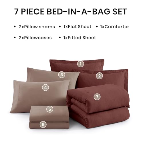 Monbix Queen Comforter Set - 7 Pieces Cationic Dyeing Dark Red Bed in a Bag Queen Bedding Sets with Comforter, Sheets, Pillowcases & Shams, Reversible Bedding Comforters Sets Monbix