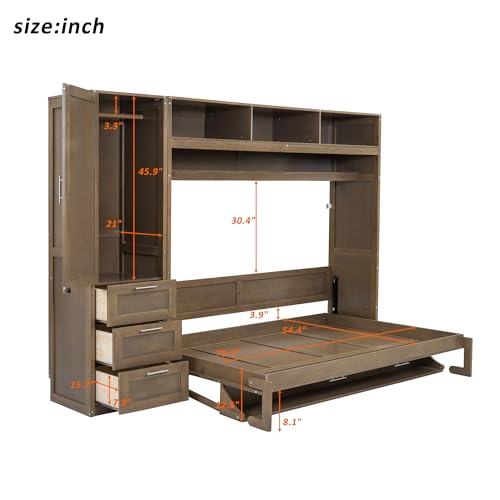 Harper & Bright Designs Full Size Murphy Bed with Wardrobe, Drawers and Open Shelves, Wooden Full Platform Bed, Hidden Foldable Bed Frame, Wall Bed for Home Office or Small Room,Antique Wood Harper & Bright Designs