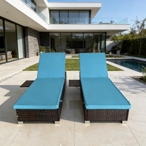 Outdoor Chaise Lounge Chairs Set of 2 with Fixed Side Shelf, All-Weather Wicker Pool Lounge Chair, 5-Position Adjustable Backrest, Removable Washable Light Blue Cushion for Patio, Poolside, Backyard