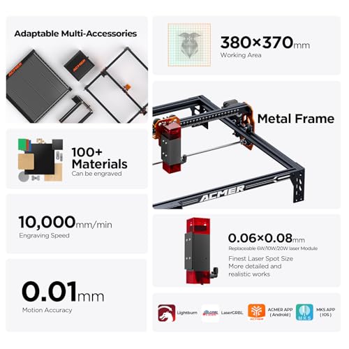 Laser Engraver Machine, P1 S Pro 10W(10000mW) Cutting Machine 380x370mm Large Area, WiFi Control, Engraves Wood Acrylic Leather Glass Metal for DIY, Crafts & for Small Business ACMER