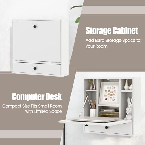 IFANNY Folding Wall Desk, Wood Wall Mounted Desk with Storage Drawer and Shelves, Fold Down Wall Mount Laptop Desk, Corner Floating Desk for Small Spaces (White) IFANNY