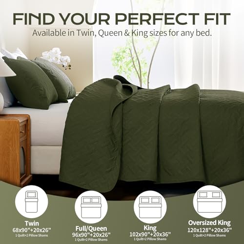 JYHOPE Olive Green Twin Quilt Set 68x90 Lightweight Microfabric Bedspread, 3-Piece Quilt Bedding with Pillow Shams, Summer Cooling Quilts, Ribbon Wrapped Gift JYHOPE