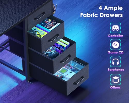 ODK 55 Inch Computer Gaming Desk with Power Outlets & 4 Drawers, Home Office Desk with Monitor Stand & Printer Shelves, Black ODK