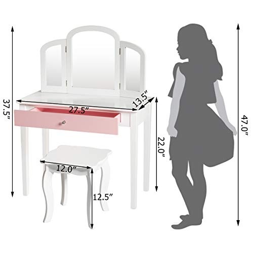 Costzon Kids Vanity, Girls Vanity Set with Tri-Folding Mirror, Stool, Storage Drawer, Princess Toddler Makeup Vanity Desk Dressing Table, Wooden Kids Vanity Table and Chair Set (White) Costzon
