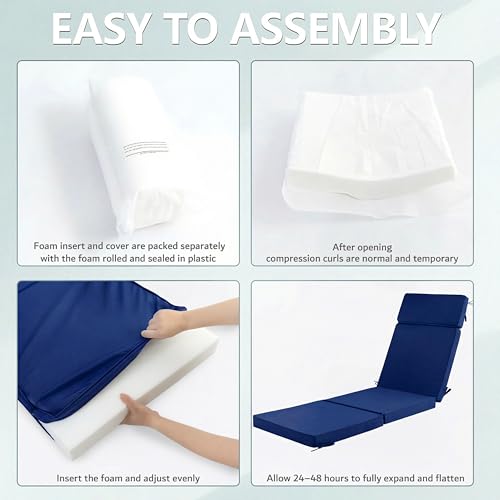 Honorbox 72 x 21 Inch Outdoor Chaise Lounge Cushions Set of 2 - Removable Cover, 4-Section Design, Water-Repellent & Fade-Resistant, 6 Tie Straps, Replacement for Patio & Pool Chairs - Navy