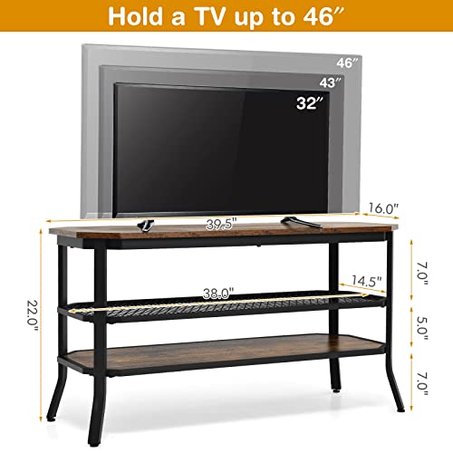Tangkula TV Stand for TVs up to 46 Inch, 3-Tier Industrial Wooden Console Table with Mesh Grid Storage Shelf, Metal Frame, Rustic Entertainment Center for Living Room (Rustic Brown) Tangkula
