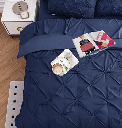 LANE LINEN Queen Comforter - Set of 7 Piece - Pintuck Stitch Design Bedding with 1 Comforter, 1 Flat Sheet, 1 Fitted Sheet, 2 Pillowcases & 2 Shams - Soft, Warm & Cozy Bedding Collection – Navy Blue LANE LINEN