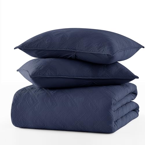 WDCOZY 100% Cotton King Size Quilt Set - Navy Blue Pre-Washed Soft Lightweight Modern Bedspread, Farmhouse Country Rustic Coverlet, Textured Like Linen, Shabby Chic Gauze Bedding, 3 Pieces WDCOZY
