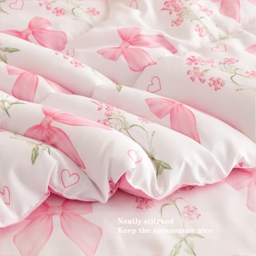 Jolusere Pink Bow Comforter Set Full Size Pink Floral Comforter for Girls Kids Romantic Princess Style Bowknot Bedding Set Ultra Soft Reversible Garden Flower Comforter Sets with 2 Pillowcases 3Pcs Jolusere