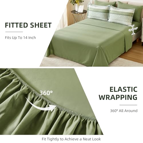 Drucon Christmas Olive Green Striped Comforter Set Queen Size 7 Pieces Reversible Bedding Set, Boho Bed in a Bag, Soft Microfiber Comforter and Sheet Set for All Season Drucon