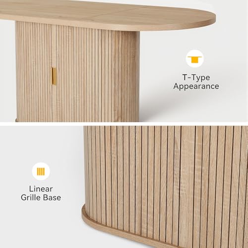 DWVO 70.9" Oval Dining Table for 6-8, Modern T-Shaped Kitchen Table with Storage Shelves & Pedestal Base, Multi-Purpose Dinner & Office Table, Light Oak DWVO