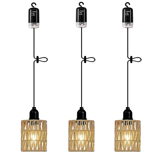 3 Pack Outdoor Chandelier Pendant Light for Gazebo Battery Operated Boho Hanging Lamp Bamboo Handmade Rattan Decorative Lights LED Lantern Bulb Powered by 4*AA Batteries for Porch Patio Backyard Decor YIKEGE LICHT