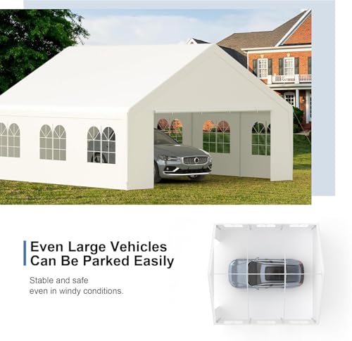 Kecreque Carport 20x20 Party Tent Heavy Duty Canopy Waterproof Outdoor Storage Shelter Portable Garage w/Removable Sidewall Windows Canopy Tent for Wedding Event Backyard Barbecues Parties, White Kecreque