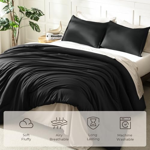 Litanika Black Twin/Twin XL Comforter Set, 2 Pieces Lightweight Solid Bedding Comforter Set, All Season Fluffy Bed Set (66x90In Comforter & 1 Pillowcase) Litanika