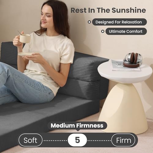 JUIKURY Folding Sofa Bed, Convertible Sleeper Chair with Pilow Foldable Matress, 2 in 1 Pull Out Loveseat Sofa Portable Fold Out Chair Bed Floor Couch Lounge for Living Room Bedroom (Grey, Full) JUIKURY