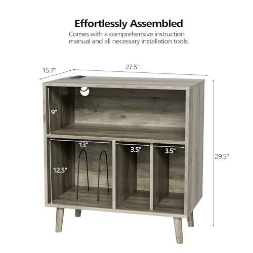 VINGLI Record Player Stand with Open Vinyl Storage, Mid-Century Album Storage Table with LED Light up to 300 Albums, Vinyl Record Player Shelf with Power Outlet for Living Room, Grey Oak VINGLI