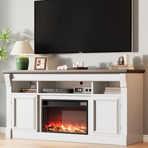 Garvee 58" Farmhouse Fireplace TV Stand, Entertainment Center with Open Storage Cabinets for TVs Up to 75", Media Console for Living Room,White Garvee