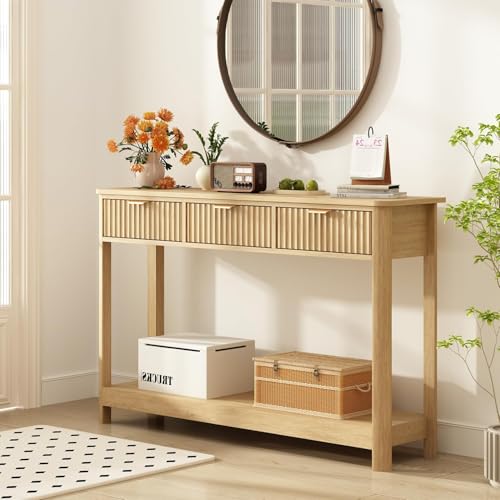 RUSTOWN Fluted Wood Console Table with 3 Drawers, Boho Narrow Behind Couch Entryway Table with Open Storage Shelf, Modern Sofa Table for Living Room, Foyer and Hallway (Natural Wood) RUSTOWN