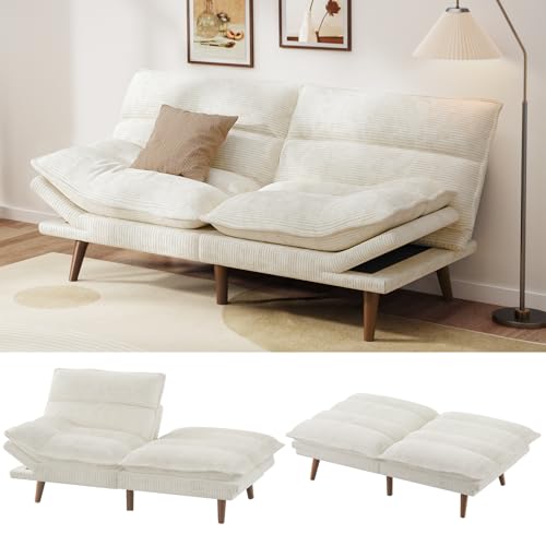 Pipishell Futon Sofa Bed, Convertible Futon Adjustable Backrest & Armrests, Corduroy Sleeper Couch for Small Spaces, Living Room, Office, Guest Room (Pearl White, 66 Inch) Pipishell