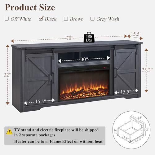 JXQTLINGMU Farmhouse Fireplace TV Stand for 80 Inch TV, 32" Tall Entertainment Center w/Drawer & Sliding Barn Door, 70 Inch Highboy Media Console for Living Room, Black JXQTLINGMU