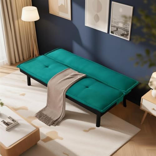 Trygoal Futon Sofa Bed Couch, 64.6" Convertible Sleeper Sofa with 5 Positions Adjustable Backrest, Velvet Couch Bed with Solid Wood Frame for Home Office Living Room Guest Dorm, Green Trygoal