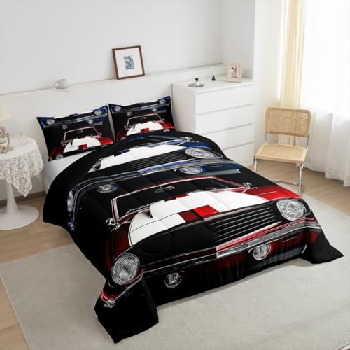 Classic Race Car Comforter Set - Retro Vehicles Theme Bedding with 1 Comforter and 1 Pillow Case - Twin Size Erosebridal