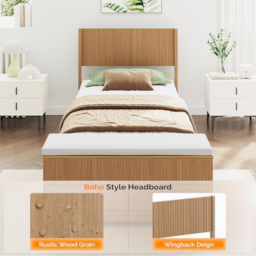 VINGLI Fluted Twin Bed Frame with Wingback Headboard and Footboard Storage Bench,Boho Wooden Single Platform Panel Bed with 4 Drawers,Mid-Century Modern Sleign Bed,Oak VINGLI