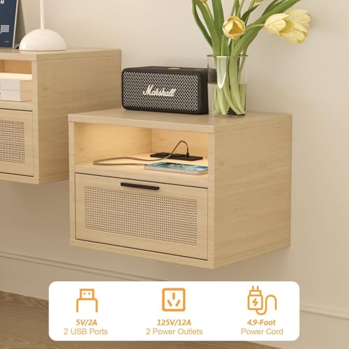 iyrany Floating Nightstand Set of 2 with Charging Station, USB Ports & Outlets, Wall Mounted Nightstands with Drawer and LED Light Strip, Small Oak Rattan Bedside Shelves iyrany