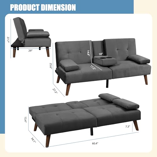 Shintenchi Futon Sofa Bed, Convertible Couch Beds Loveseat, Modern Recliner Sleeper, Small Lazy Set for Living Room, Office, Apartment, Dark Gray Shintenchi