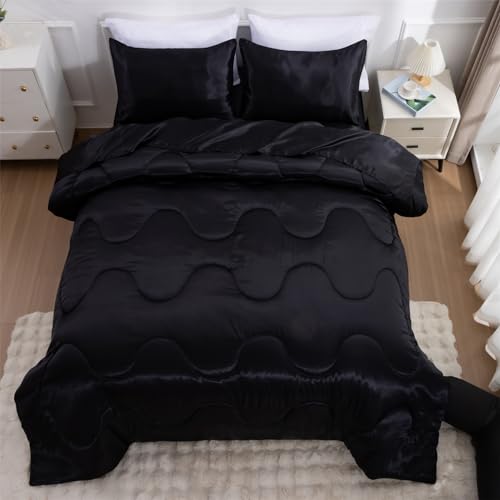 A Nice Night Satin Silky Soft Quilt Luxury Super Soft Microfiber Bedding Thin Comforter Set Full/Queen, Light Weighted (Black, Queen) A Nice Night