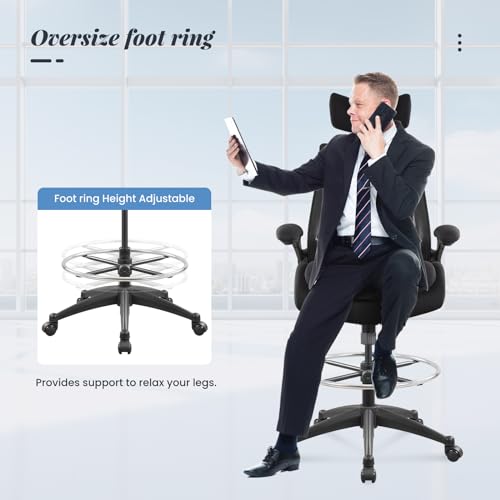 WITTLONG 400lbs Ergonomic Drafting Tall Office Chair for Adjustable Standing Desk with Flip-Up Arms, Headrest (with Footring, Black) WITTLONG