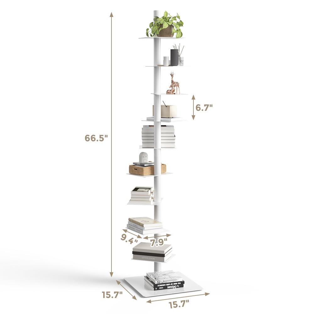 Nidouillet 9-Tier Metal Spine Bookshelf, Adjustable Vertical Tower for Books, Tall & Narrow Ladder Bookcase, Space-Saving Multipurpose Corner Storage Shelf, Display Stand, Tool-Free Assembly, White Nidouillet