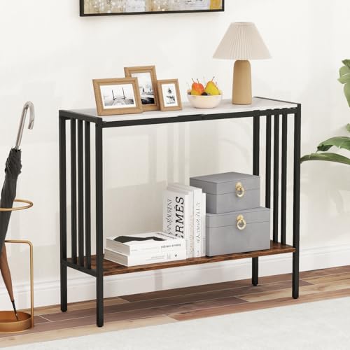 GOFLAME Entryway Table with Storage, 2-Tier Marble Sofa Table with Sintered Stone Top, Wood Shelf, Industrial, Metal Frame, Modern Console Tables for Entryway, Living Room, White & Rustic Brown GOFLAME