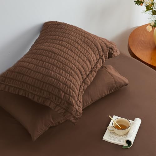 Love's cabin Seersucker Brown Full Comforter Set, 7-Piece All Season Lightweight Bed in a Bag Bedding Set with Comforter, Flat Sheet, Fitted Sheet, Pillowcases and Shams