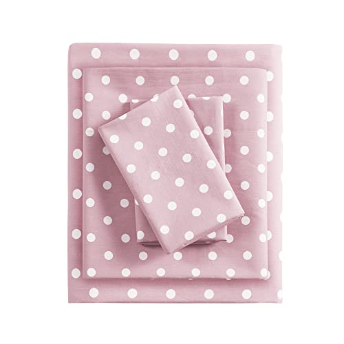 Intelligent Design Pink Full Size Sheet Sets Kids Polka Dot Sheets for Girls 100% Cotton Percale Soft Flat and Fitted Sheet, Pillowcase, Breathable All Season Bed Set, Fits up to 14" Mattress Intelligent Design