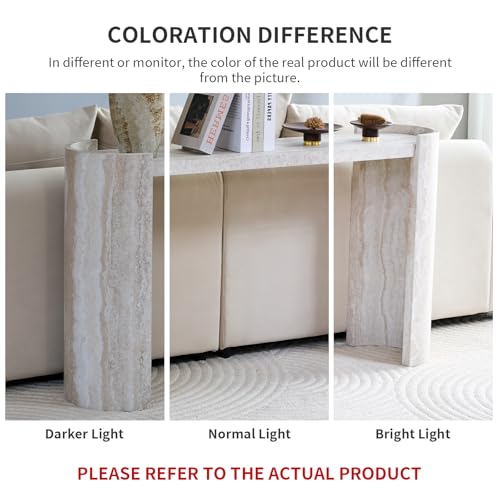 BFJDM 53" Faux Travertine Stone Console Table for Entryway, Sofa Entrance Table with Faux Mars Marble Pattern, Modern Sofa Tables with Round Raised Edge Design for Living Room, Hallway, Foyer, Beige BFJDM