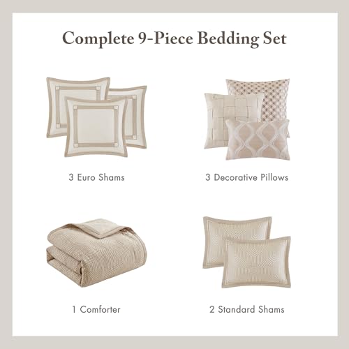 Madison Park Signature King Luxury Jacquard Comforter Set, Removable Duvet Cover with Insert, Oversized Overfilled Bedding, Hand-Guided Embroidered Texture Accents, Geometric Ivory, 9-Piece Madison Park