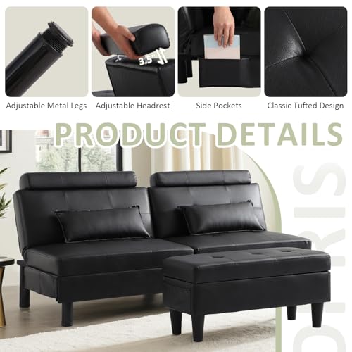 BIAOZHIKE Convertible Futon Sofa Bed with Storage Ottoman/Coffee Table, Multifunctional Folding Futon Set, Tufted Loveseat Sleeper Couch for Small Space, Bedroom, Apartment, Dorm (Black) BIAOZHIKE