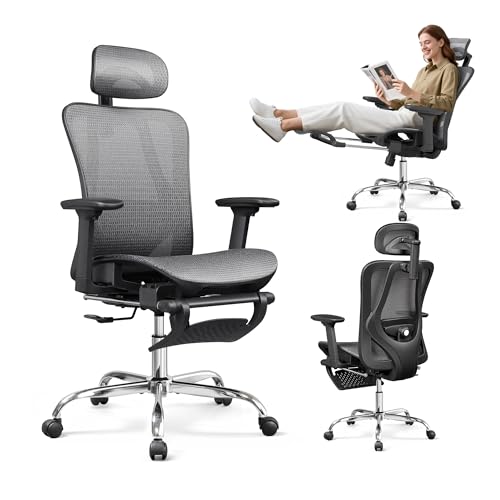 DEVAISE Ergonomic Mesh Office Desk Chair, Retractable Footrest and Adjustable Lumbar Support, Comfy High Back Reclining Computer Gaming Chair, Tilt Function, Heavy Duty, SGS Class 4 Gas Lift, Grey DEVAISE