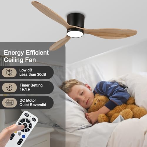 reiga 52" Natural Wood Ceiling Fan with Light and Remote, 3 Blade Flush Mount Low Profile Ceiling Fan for Bedrooom Living Room, Quiet DC Motor reiga