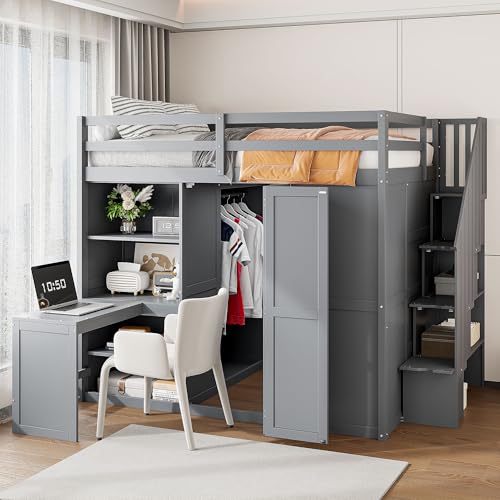 Harper & Bright Designs Full Size Loft Bed with Stairs and Desk, Wood Full Loft Bed with Wardrobe & Storage Shelves, Full Storage Bed for Kids Teens, Gray Harper & Bright Designs