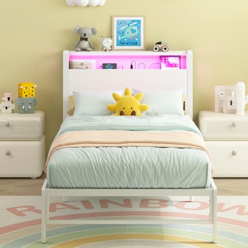 Weehom Twin Bed Frames with 2 Tiers Wood Storage Shelves Headboard, Twin Size Bed with Charger Stations and LED Light Under Bed Storage Space Platform Bed for Kids, Girls and Adults, White Weehom