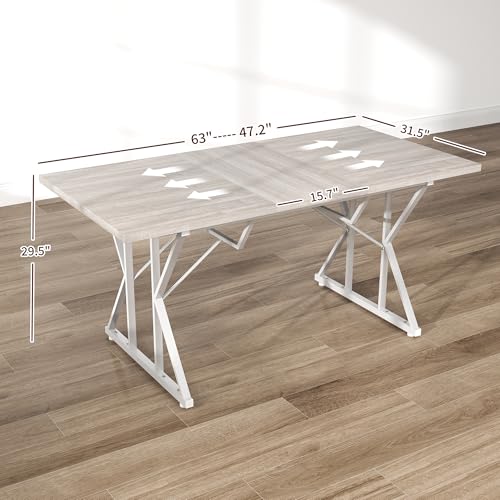 HOMCOM 47"-63" Expandable Dining Table for 4-6 People, Farmhouse Dinner Table with Heavy Duty Metal Trestle Base, Rectangle Kitchen Desk, Distressed Gray HOMCOM