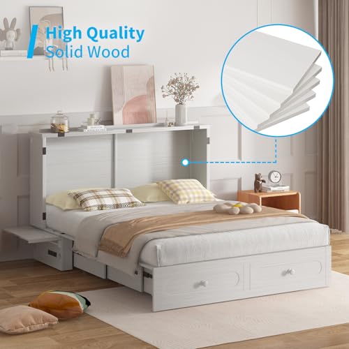 Mjkone Queen Size Murphy Bed Cabinet with Drawers and Tri-Fold Mattress, Modern Versatile Wood Chest Cabinet Wall Bed with USB Charging Station, Wooden Guest Beds for Bedroom Home Apartment - White Mjkone
