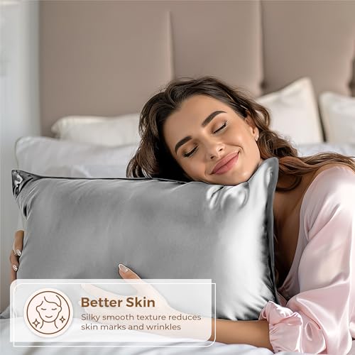 Pure Bedding Satin Pillowcase 2 Pack - Queen Size (20"x30", Grey) - Silky Pillow Cases for Hair and Skin - Satin Pillow Covers with Envelope Closure - Extra Soft Premium Microfiber Pure Bedding
