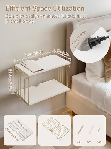 Sivapleso Floating Nightstand with Cable Hole, Modern Minimalism Small Wall Mounted White&Gold Bedside Table Pine Wood Hanging Night Stands Storage 2 Tier Shelf for Bedroom Bathroom Kitchen Sivapleso